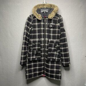 Billabong Coat Women's Black White Plaid Wool Blend Hooded Faux Fur Jacket Small